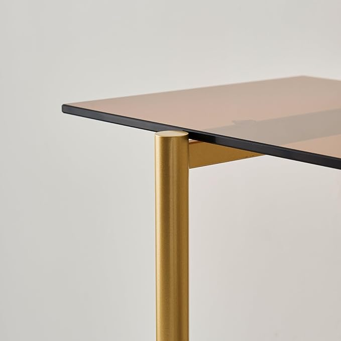 Glass Console Table for Living Room, Foyer & Entrance, 2-Tiers Mid-Century Modern Sofa Table with Amber Glass Top, Walnut Finish Wood Shelf and Gold Finish Frame-Ruum Studio Home