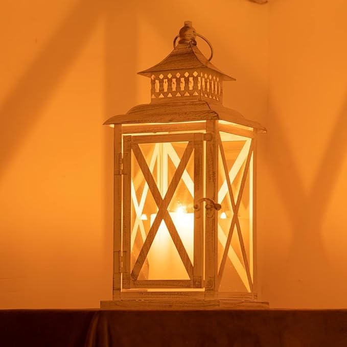 NEEDOMO Lanterns Decorative Outdoor&Indoor, Set of 4 (14"&10") Beige Metal Lantern Decor with Glass, Candle Holder for Porch, Patio, Garden, Balcony, Wedding, Table Centerpiece-Ruum Studio Home