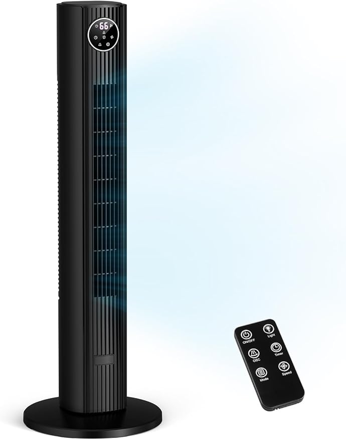ZAFRO Tower Fan for Bedroom, 90° Oscillating Fan with 12H Timer, 37”Standing Fans with Remote, Bladeless Fan with 4 Modes & 3 Speeds, Black-Ruum Studio Home