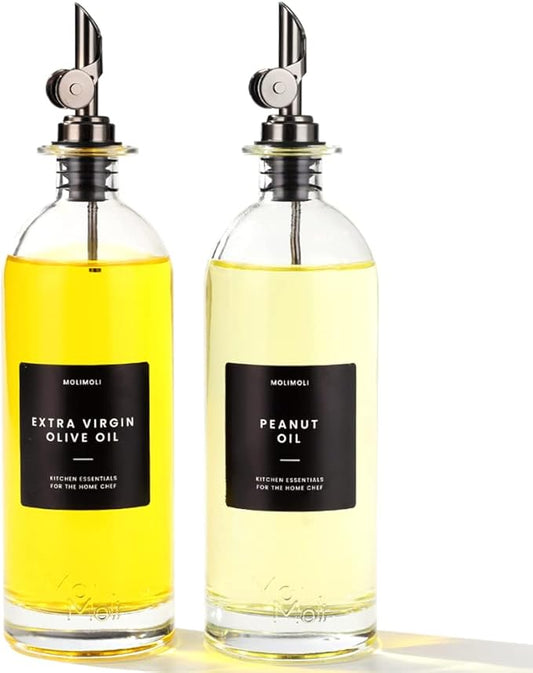 Molimoli Oil and Vinegar Dispenser with Metal Pour Spout, Weighted Pourer, Glass Bottle Dispenser for Kitchen, Olive Oil Cruet, Glass Olive Oil Bottle | 500ml, Set of 2-Ruum Studio Home