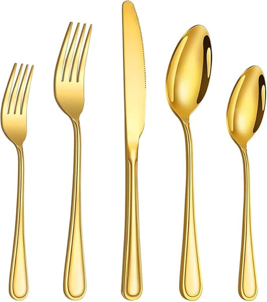 40 Pcs Gold Silverware Set for 8 with Simple Striped Handle Design, Food Grade Stainless Steel Flatware Set, Eating Utensils Sets Include Fork/Knife/Spoon, Cutlery Set, Dishwasher Safe-Ruum Studio Home