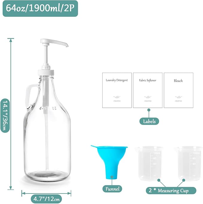 Glass Laundry Detergent Dispenser with Pump, 64OZ Liquid Laundry Soap Dispenser, Fabric Softener Dispenser Bottle for Laundry Room Organization and Storage, 2 Pack-Ruum Studio Home
