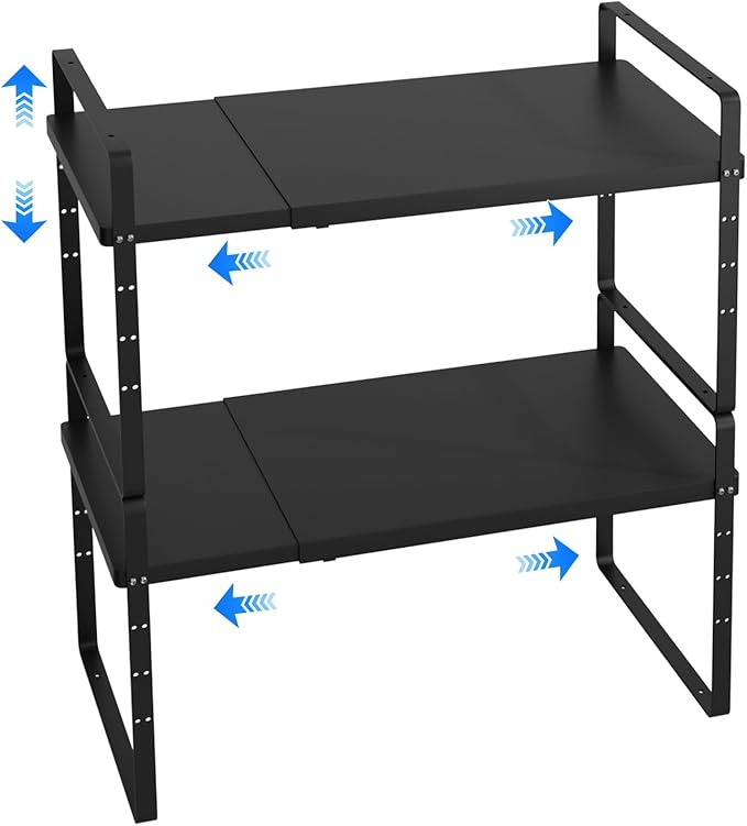 Expandable Cabinet Shelf Organizer, Stackable Kitchen Pantry Counter Storage, Adjustable Closet Cupboard Stand Rack Risers Spice Organization 80LBS Heavy Duty Black 2 Pack-Ruum Studio Home