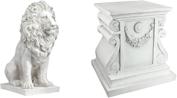 Design Toscano Lion of Florence Sentinel Statue (13 Inches Wide, 21 Inches Deep, 28 Inches High) and Classic Statuary Garden Plinth Base Riser, Large (15 Inches Wide,14 Inches Deep,15 Inches High)-Ruum Studio Home