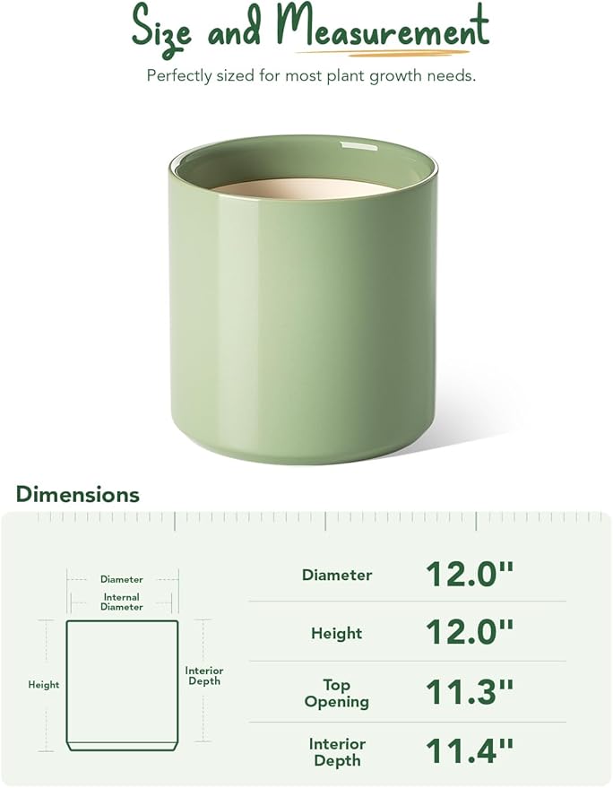 LE TAUCI 12 Inch Pots for Plants, Ceramic Large Plant Pot for Indoor Plants, Mid-Century Modern Planter Pot with Drainage Hole, Reactive Glaze Green-Ruum Studio Home