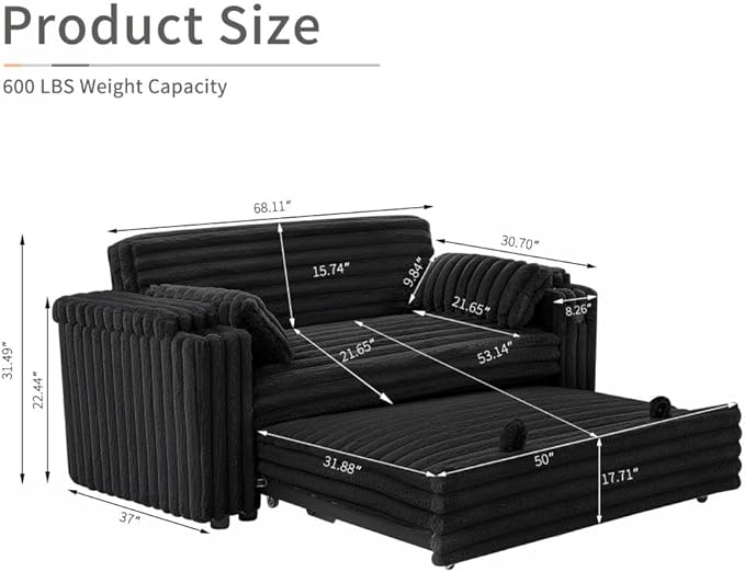 68.11" Corduroy Convertible Sofa Bed with USB Charging Port, Foldable Sleeper Chair with Pillows & Armrests, 3-in-1 Floor Couch for Living Room, Bedroom, Guest Room – Black-Ruum Studio Home