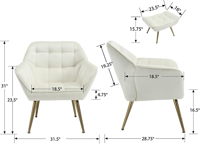 Modern Velvet Accent Chair with Ottoman, Upholstered Lounge Chair with Footrest, Comfy Living Room Chair with Gold Legs Accent Side Chair Armchair for Small Space Bedroom Apartment, Beige-Ruum Studio Home