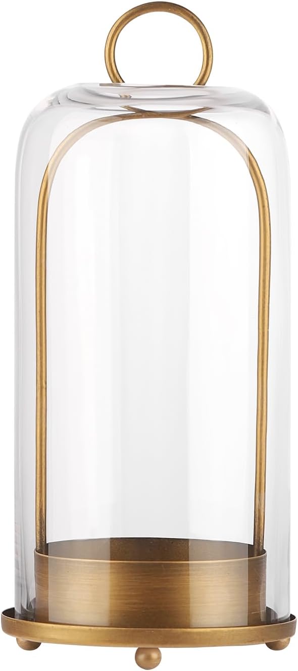 12" High Versatile Modern Metal Hurricane Lantern with Handmade Sturdy Glass Dome for 3" Pillar Candle & Plants (Brass, 5"x12")-Ruum Studio Home