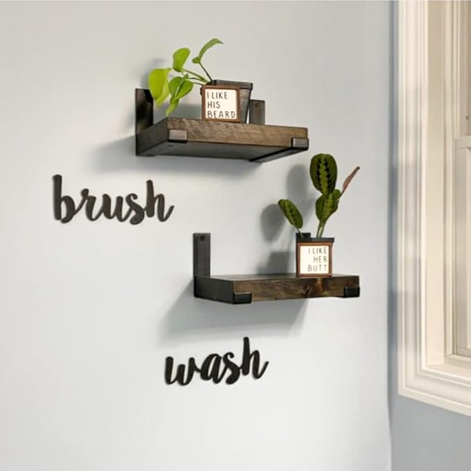 Rustic Shelves with J-Brackets Set of 2, Industrial Shelf, Kitchen Shelves, Solid Wood, Decorative Wall Storage, Heavy Duty, URBANDI (Dark Brown, 24Wx8D)-Ruum Studio Home