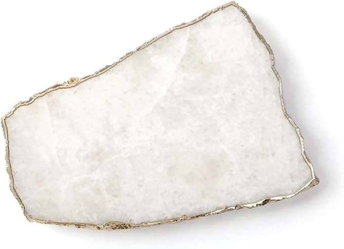 Generic White Quartz Agate Cheese Board Platter Tray Gold Plated Edges Agate Slab for Table Centrepiece Geode Stone Gifts For House Warming, Engagement, Wedding, Christmas-Ruum Studio Home