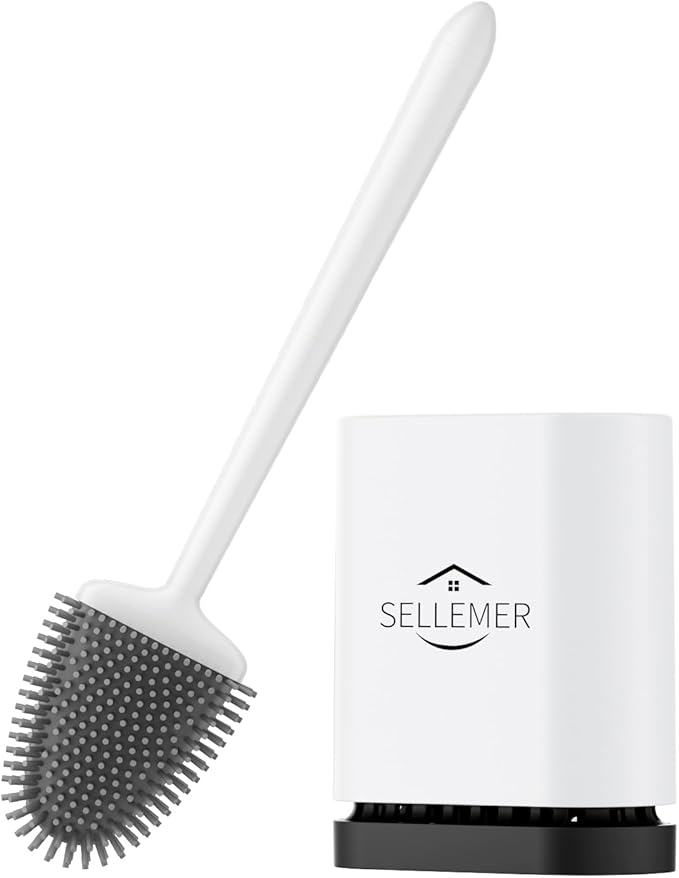 Sellemer Toilet Brush and Holder Set - Flexible Toilet Bowl Brush Head with Silicone Bristles, Compact Size for Storage and Organization, Ventilation Slots Base (1 Pack, White)-Ruum Studio Home