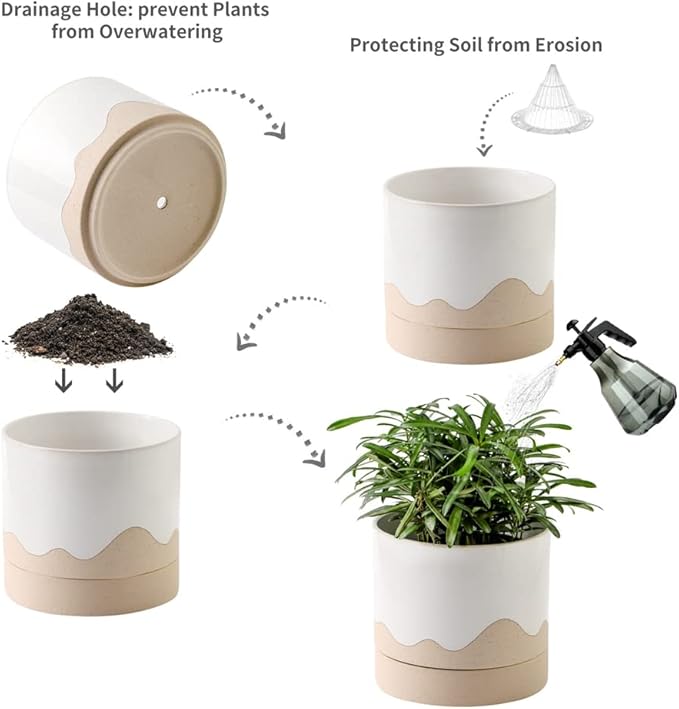 Nihow Ceramic Plant Pot: 6 Inch Planter with Drainage Hole & Saucer for Indoor & Outdoor Plants - Cylinder Round Flower Pot for Succulent/Herbs/Violets - White & Nature-Ruum Studio Home