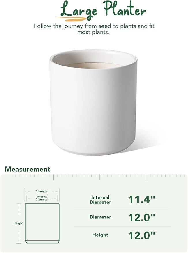 LE TAUCI 12 Inch Pot for Plants, Ceramic Large Planter for Indoor Plants, Mid-Century Modern Flower Pots with Drainage Hole and Removable Plug, White-Ruum Studio Home