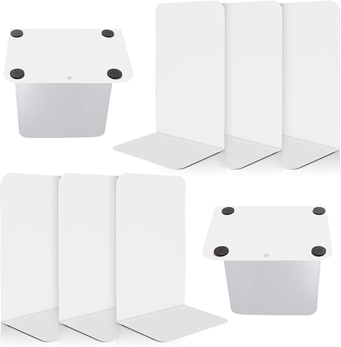 VONDERSO Metal Bookends, 4 Pairs White Metal Book Ends Heavy Duty for Shelves Decor Home Office, Unique White Bookends Supports Anti-Slip for Kids-Ruum Studio Home