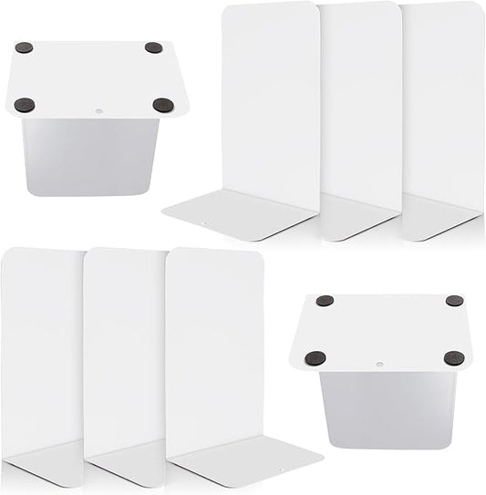 VONDERSO Metal Bookends, 4 Pairs White Metal Book Ends Heavy Duty for Shelves Decor Home Office, Unique White Bookends Supports Anti-Slip for Kids-Ruum Studio Home