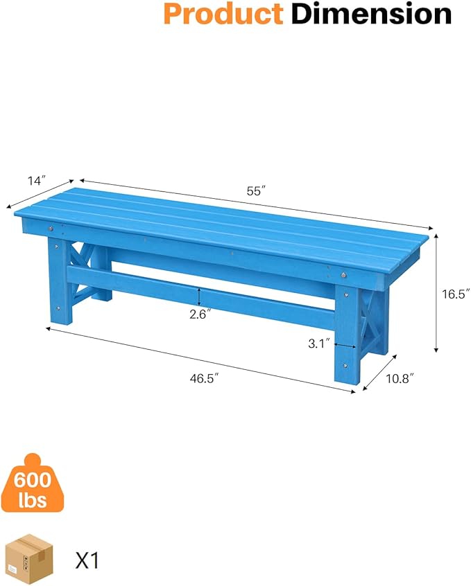 HDPE Outdoor Bench, 55" Patio Bench Outdoor Furniture, Poly Lumber Adirondack Benches, All Weather HDPE Patio Garden Backless Benches for Park, Poolside, Deck, Porch, Sky Blue-Ruum Studio Home