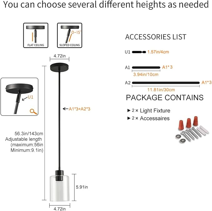 Black Pendant Lights Kitchen Island,Modern Farmhouse Glass Pendant Light,Light Fixture Kitchen Pendant Mini Hanging Light Fixture for Sink (Black 2 Pack Stem Rod)-Ruum Studio Home