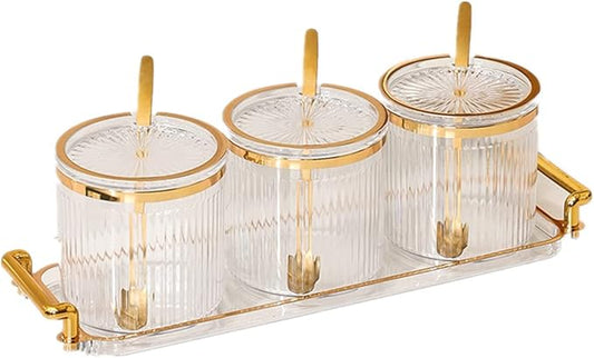 Acrylic Condiment Spice Jars and Box with Lids, Spoons, Tray - 3 Pack, Clear Plastic Canisters, Seasoning Box Set for Salt, Paprika, Sugar - Kitchen Storage-Ruum Studio Home