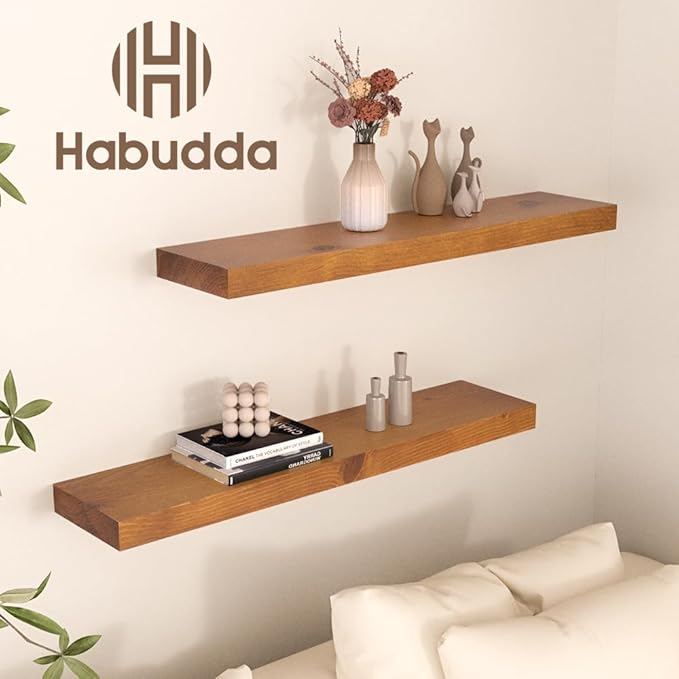 Habudda Floating Shelves, Wall Shelf for Bathroom Bedroom Kitchen, Natural Pine Real Wooden Shelves, Wall Mounted, 100% Pine, Set of 2, 30 Inches Long, Honey Oak-Ruum Studio Home