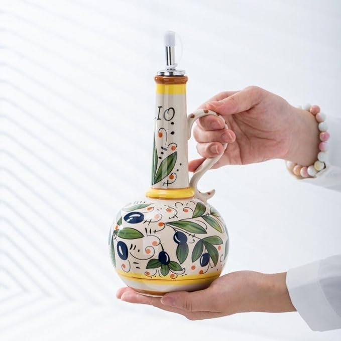 Italian Ceramic Olive Oil Dispenser Bottle 23oz, Hand Painted Olive Oil Bottles, Decorative Stoneware Olive Oil Cruet for Kitchen with Stainless Steel Spout for Oils, Sauces, Vinegar-Ruum Studio Home