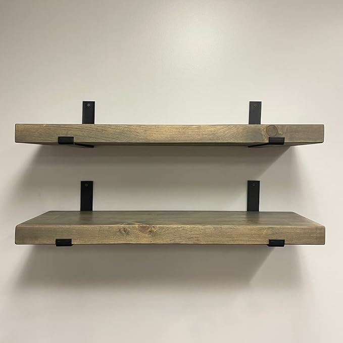 Rustic Shelves with J-Brackets Set of 2, Industrial Shelf, Kitchen Shelves, Solid Wood, Decorative Wall Storage, Heavy Duty, URBANDI (Grey, 24Wx6D)-Ruum Studio Home
