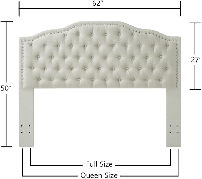 24KF Upholstered Button Tufted Queen Headboard with Nailhead Trim, Elegant Boucle Fabric Full headboard, 6031-Q-Boucle-Beige-Ruum Studio Home