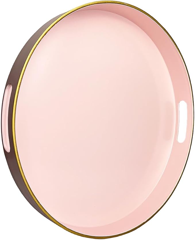 13" Pink Serving Tray with Handles,Round Decorative Tray for Coffee Table, Plastic Modern Coffee Table Tray for Ottoman, Living Room, Bathroom, Décor.-Ruum Studio Home