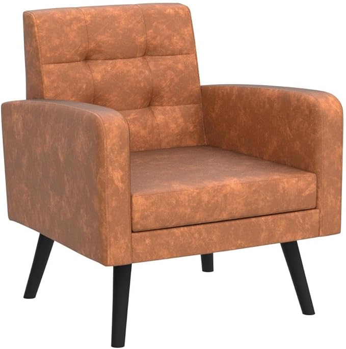 Yaheetech Mid-Century Accent Chairs, PU Leather Modern Upholstered Living Room Chair, Cozy Armchair Button Tufted Back and Wood Legs for Bedroom/Office/Cafe, Retro Brown 2 PCS-Ruum Studio Home