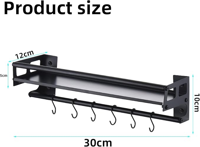 Wall Mount Storage Holder，Stainless Steel Strong Shelf with 6 Removable Hooks, Spice Rack Organizer，Kitchen Organizer Shelf, Space Saving Spice Rack and Kitchen Storage (black)-Ruum Studio Home