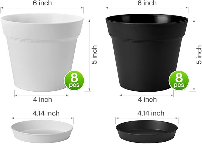 homenote Plant Pots,6 Inch Flower Pots for Plants Plastic Planters for Indoor with Multiple Drainage Holes and Trays, for All Home Garden Flowers Succulents,Outdoor(White&Black,16 Pack)-Ruum Studio Home
