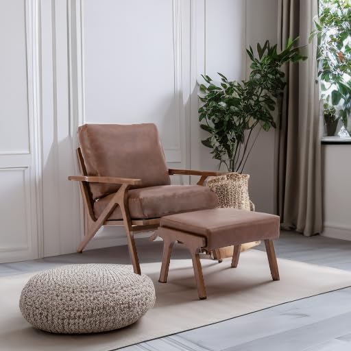 chairus Mid-Century Modern Accent Chair with Ottoman, Faux Leather Armchair with Wood Legs Comfy Upholstered Single Sofa Chair for Living Room/Bedroom/Lounge, Brown-Ruum Studio Home