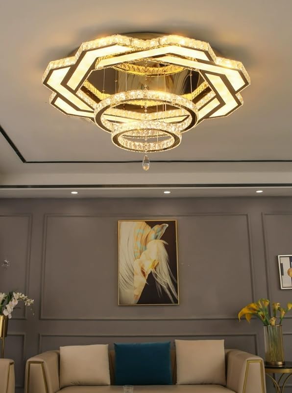 Flashing God Crystal Chandeliers Dia 32" Gold Chandelier Flush Mount Ceiling Light for Bedroom Living Room Dining Room Hallway Dimmable 3 Rings LED Celing Lighting Fixtures-Ruum Studio Home