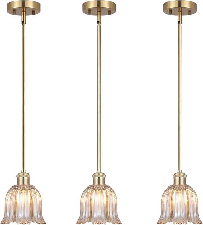 Modern Gold Pendant Light 3 Pack Brushed Brass Mid Century Chandelier Amber Glass Shades Adjustable Rods Farmhouse Ceiling Hanging Lighting Fixture Kitchen Island Dining Room Bedroom-Ruum Studio Home