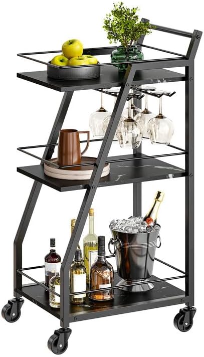 Bar Cart, Bar Cart for The Home, Small Bar Cart on Wheels, Beverage Cart, Home Bar Serving Cart with Glass Holder, Drink Cart for Bar, Kitchen, Dining, Marble Black and Black BC03BM-Ruum Studio Home