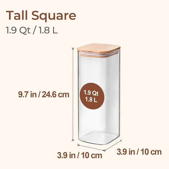 ComSaf 1.9 Qt Glass Storage Containers with Lids, Glass Jars with Lids, Clear Food Storage Jar, Square Canister Set of 3, Pantry Organizers and Storage for Flour Rice Pasta Tea Coffee Bean-Ruum Studio Home