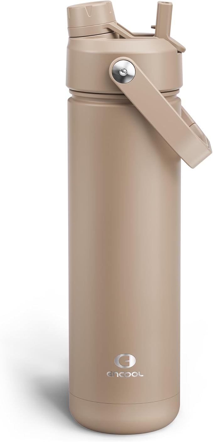 Insulated Water Bottle with Straw - Encool Stainless Steel Water Bottle, Leak-Proof, BPA-Free, Double Wall Vacuum Keeps Cold for 24 Hours for Sports, Travel, School (26 oz, Raw Umber)-Ruum Studio Home