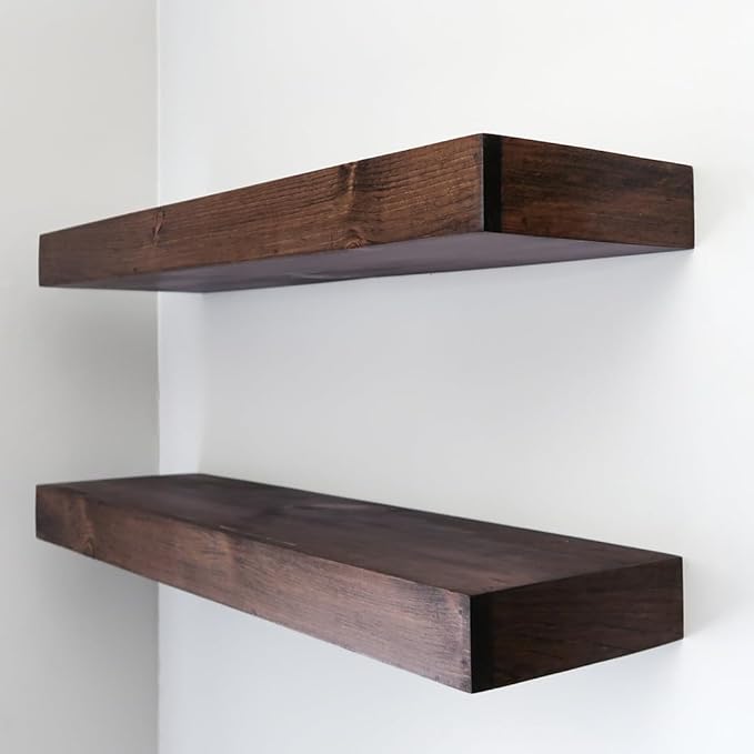Modern Floating Shelves 3 Inches Thick for Wall, Wide Shelves for Kitchen, Living Room, Bedroom, and Bathroom, Natural Pine Wood, Rustic Wooden Shelf, (Set of 2) (Provincial, 24Lx3Hx6D)-Ruum Studio Home