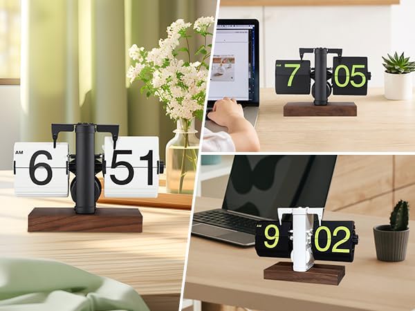 Flip Desk Clock, Retro Vintage Flip Desk Table Clock, Digital Clock Sided Large Numbers Mechanical Flip Clock Wood Base for Living Room, Study Room and Office（Frosted White）-Ruum Studio Home