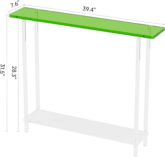 Sleek Modern 2-Tier Acrylic Console Table, 39.4" L x 7.6" W x 31.5" H - Entryway Table for Hallway, Living Room, Sofa Side, Small Spaces (Green)-Ruum Studio Home