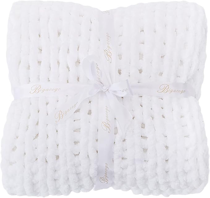 Bigacogo Chunky Knit Throw Blanket for Couch, 40x40 inches, 100% Hand Knitted with Thick Jumbo Chenille Yarn, Cozy Soft Large Rope Knot Cable Crochet Blankets for Sofa Bed Living Room, White-Ruum Studio Home