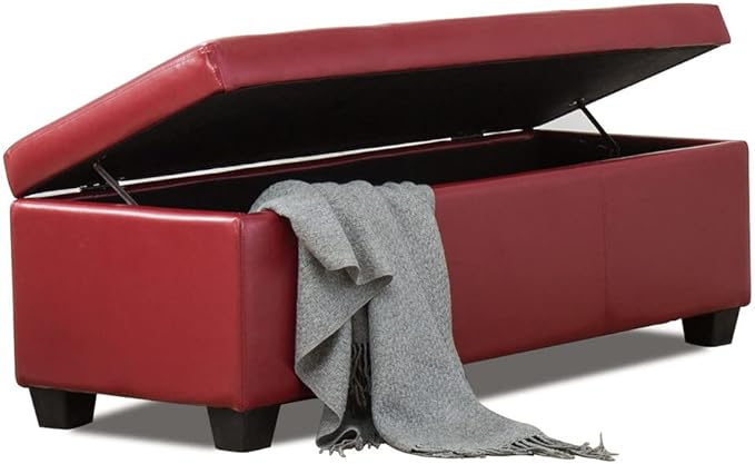 BELLEZE Storage Faux Leather Ottoman, 47 Inch Bench Bedroom Bench with Safety Close Hinge, Extra Long Ottoman with Storage for Living Room, Entryway, Hallway, Foot Rest, Support 300lbs - Red-Ruum Studio Home