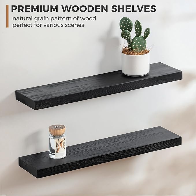 Fun Memories Handcrafted European Pine Floating Shelves - Natural Rustic Wooden Wall Shelf Set of 2-24 Inch Storage Shelf Display Shelf for Kitchen Bathroom Living Room Bedroom Farmhouse - Black-Ruum Studio Home