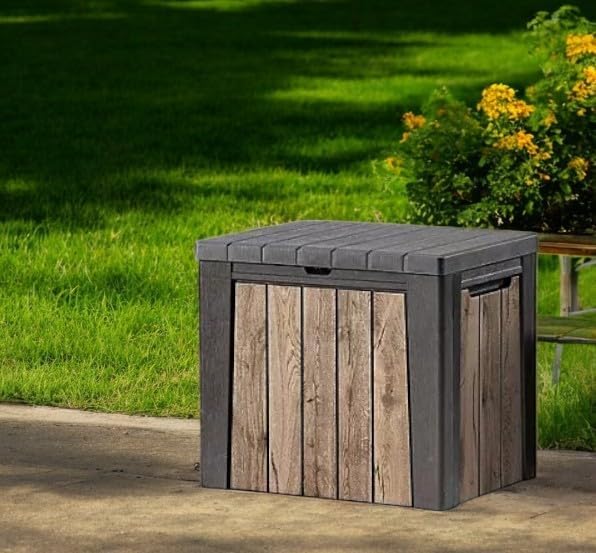 Outdoor Storage Box, Wood-Look Resin Deck Container, Indoor/Outdoor Storage, Ash Wood Brown (30 Gallon)-Ruum Studio Home