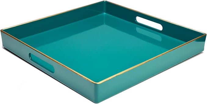 Spsyrine Green Decorative Serving Tray with Handles, 13" X 13" Square Plastic Coffee Table Tray for Ottoman, Living Room, Bathroom, Home Decor.-Ruum Studio Home