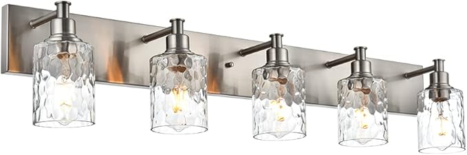 BONLICHT 5 Lights Sconces Wall Lighting Brushed Nickel with Hammered Glass Shade, Industrial Bathroom Light Fixtures Vanity Lights Porch Light Fixtures Classic Metal Wall Mount Lamp Over Mirror-Ruum Studio Home