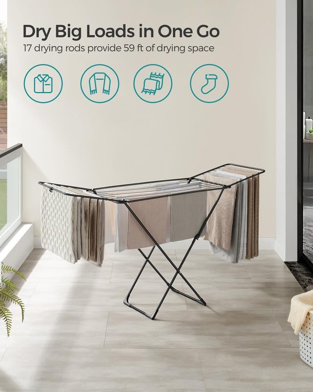 SONGMICS Clothes Drying Rack, Metal Laundry Drying Rack, Foldable, Space-Saving, Free-Standing Airer, with 2 Gullwings, Indoor Outdoor Use, Bed Linen Clothing, Black ULLR540B01-Ruum Studio Home