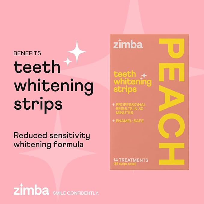 Zimba Teeth Whitening Strips Vegan Whitening Strip Enamel Safe Teeth Whitening Hydrogen Peroxide Teeth Whitener for Coffee, Wine, and Other Stains, 28 Strips (14 Day Treatment), Peach-Ruum Studio Home