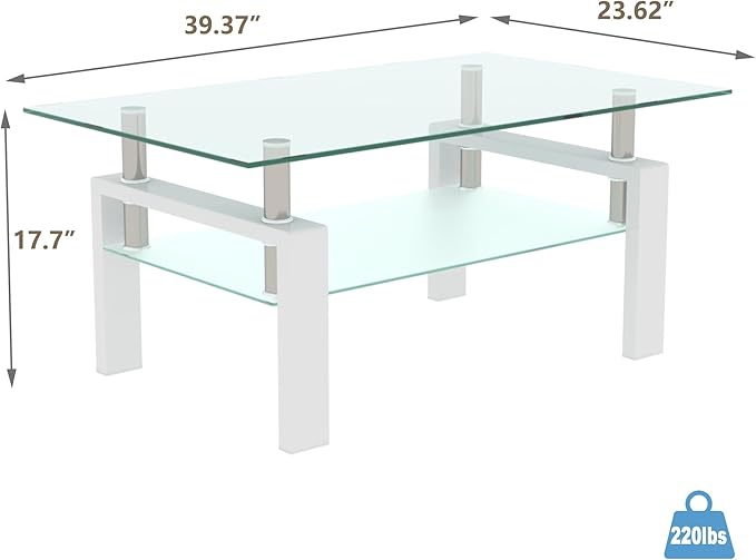 Glass Coffee Table Rectangle White Living Room Center Table, 39inch Transparent Tempered Glass Tabletop and Metal Frame, White + Clear Glass-Ruum Studio Home