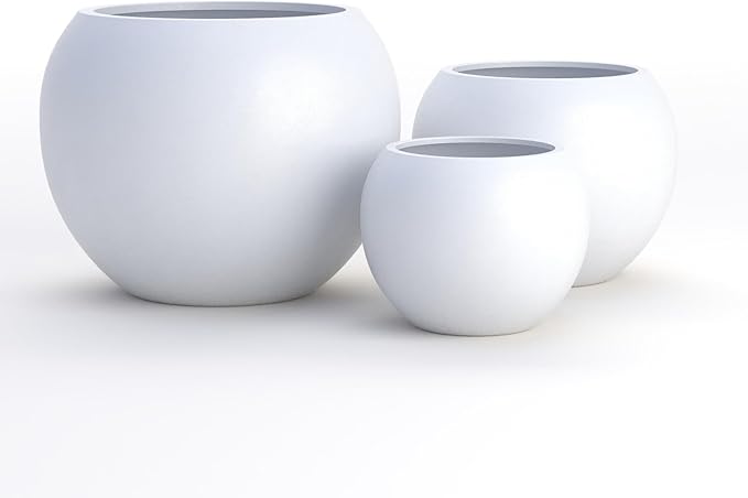 DTY Signature Mount Sherman Lightweight Durable Modern Fiberstone Sphere Planter for Indoor & Outdoor Drainage Hole & Rubber Plug Weather Resistant, 17" H x 21" Dia, 14.4" Opening - Large, White-Ruum Studio Home