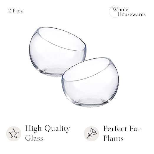 WHOLE HOUSEWARES | Slant Cut Bowl Glass Vase, Width 6.3", Height 5", Clear Terrarium Jar, Candy Jar, Fruit Jar, Floral Container for Wedding Party Event, Home Office Decor, 1 Piece-Ruum Studio Home